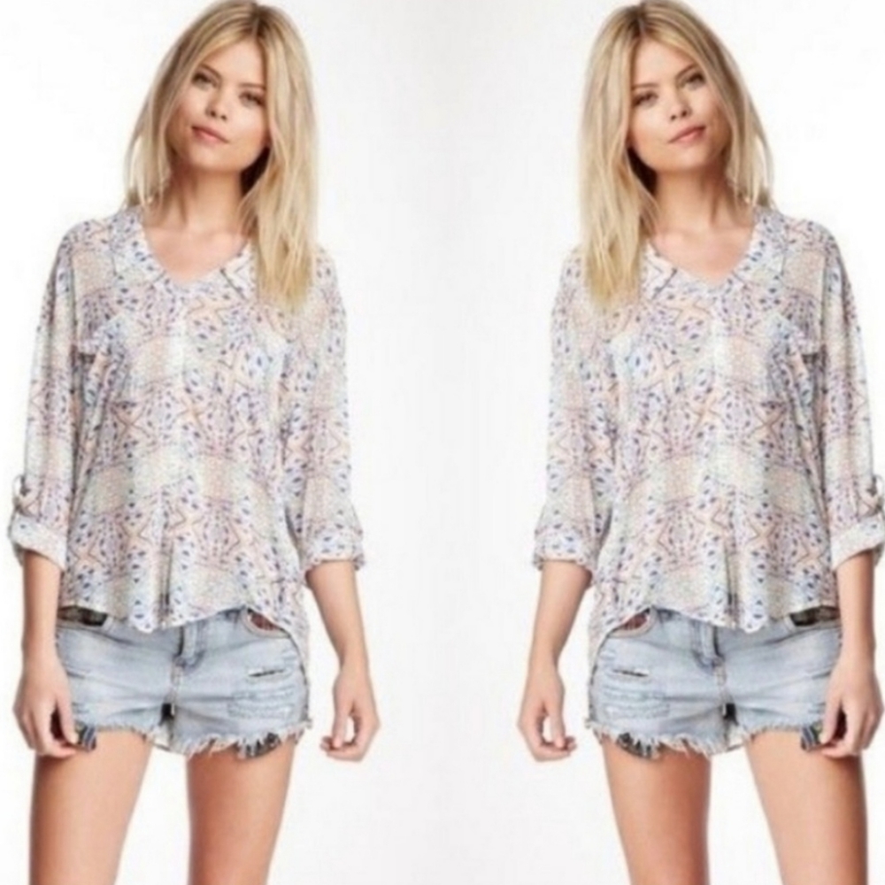 Free People Easy Rider Geometric Prints Semi Sheer Shirt M Size